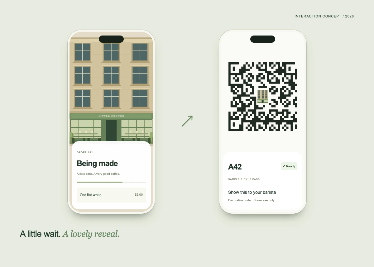 A three-dimensional sage-green café and a sample pickup pass, connected by a decorative code reveal