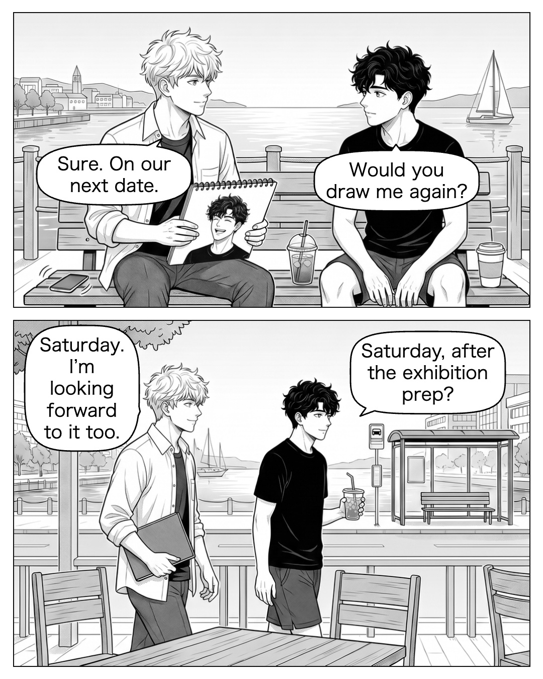 Ren looks from the sketch to Ritsu. The bus reminder vibrates; neither reaches for it at once. Ren’s earlier certainty about another date becomes a shy request to be looked at again. Ritsu closes the sketchbook with the folded portrait safely inside. Ren takes his own cup and waits beside him; they stand and walk to the visible bus stop together. Ren: Would you draw me again? Ritsu: Sure. On our next date. Ren: Saturday, after the exhibition prep? Ritsu: Saturday. I’m looking forward to it too.