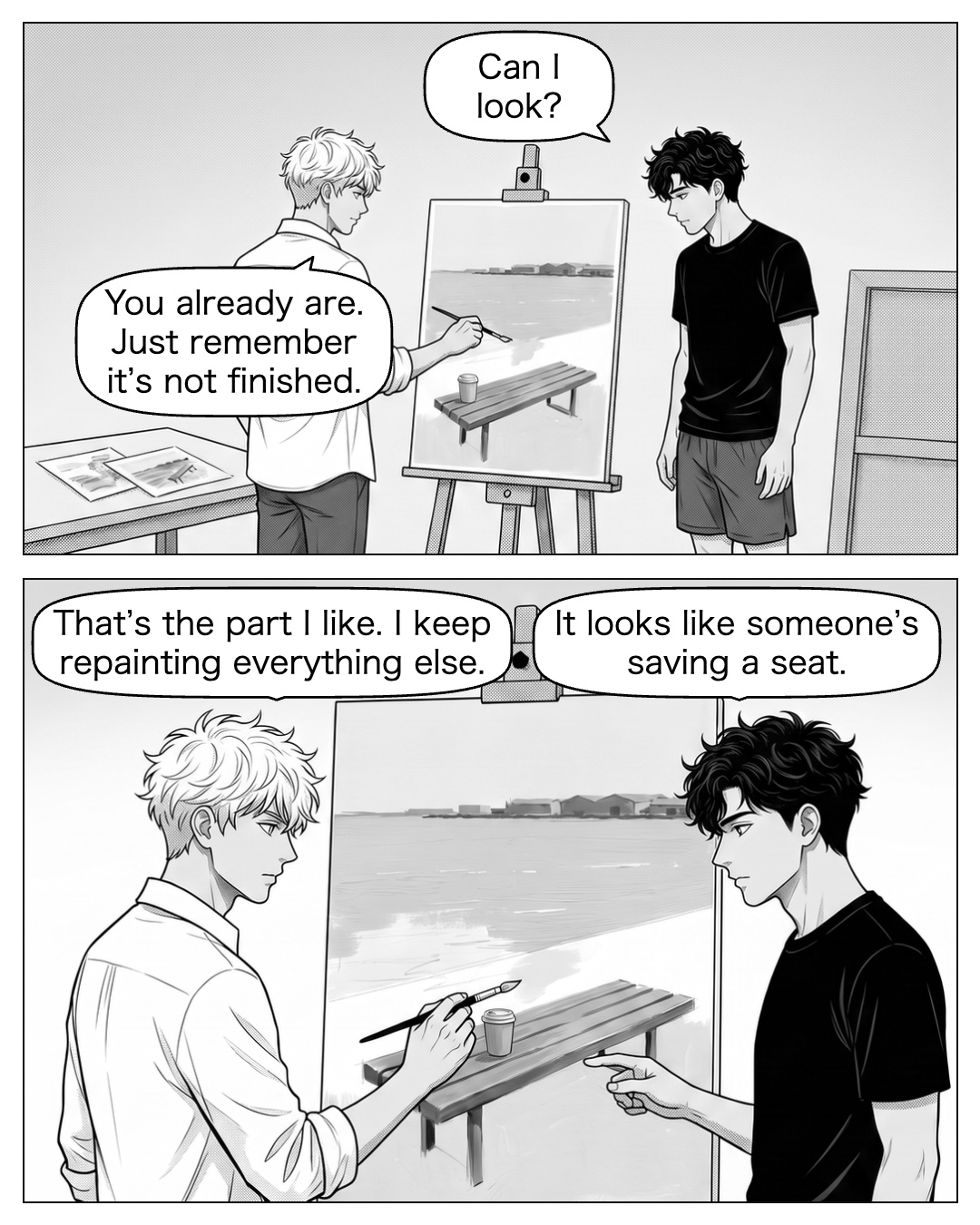 At Ritsu’s easel, Ren sees the same portrait-format harbour board: a diagonal wooden bench in the lower third, one cup on its left end, a broad unoccupied right seat, water and a thin warehouse horizon above. Small dry-brush passages and one pale unfinished water patch distinguish painted marks from the manga room’s linework. Two small rejected water studies lie on the separate tool table. Ren stays outside the tools. Ritsu holds the brush above the unfinished water and waits for a verdict. Ren studies the open place on the painted bench. Ritsu follows his gaze, lets his brush hand relax and lays it down. His small relief comes from someone noticing the part he wanted to keep, not from receiving permission to keep it. Ren: Can I look? Ritsu: You already are. Just remember it’s not finished. Ren: It looks like someone’s saving a seat. Ritsu: That’s the part I like. I keep repainting everything else.