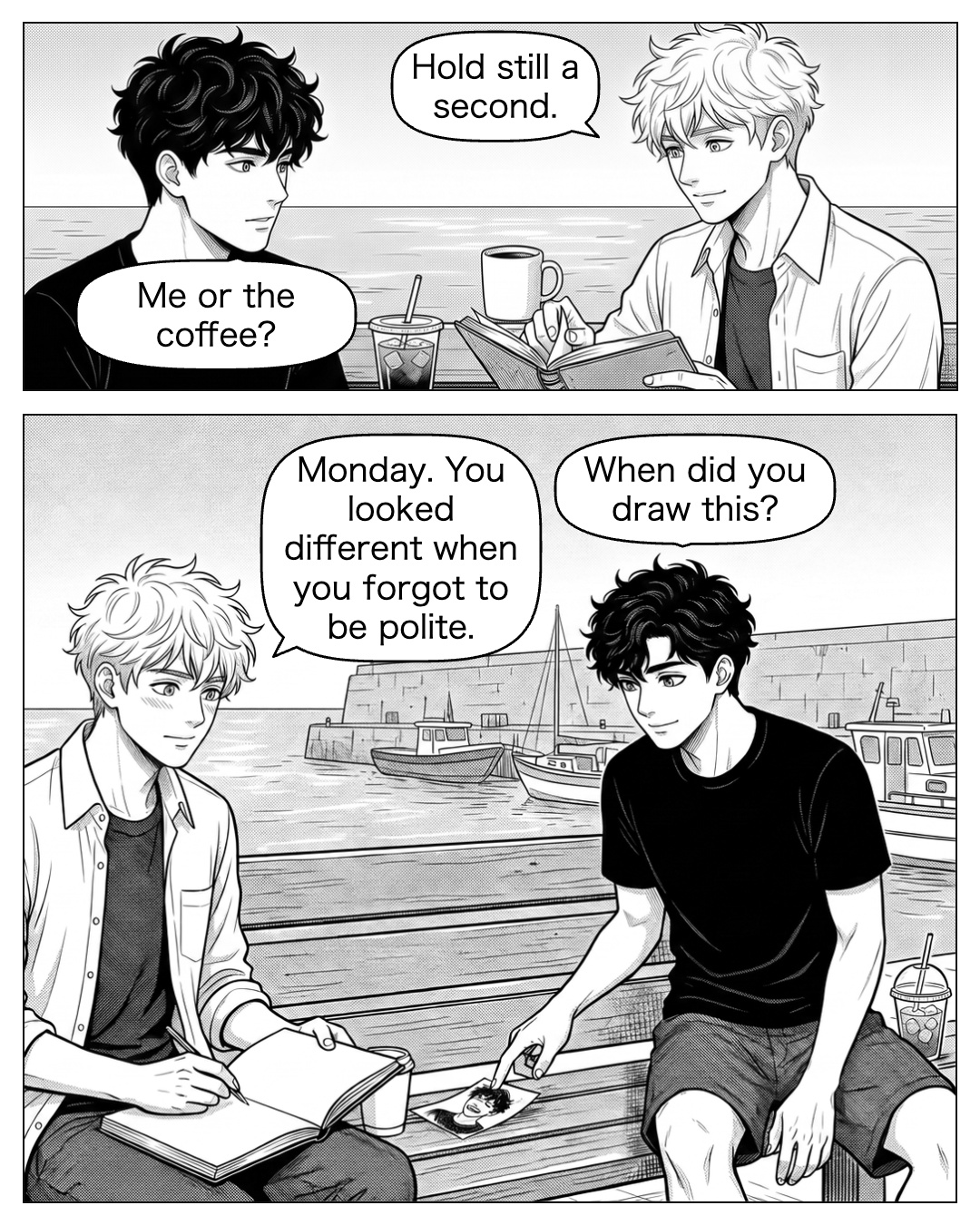 Two cups sit on the bench ledge. Ritsu opens his sketchbook. The folded button sketch is tucked inside it, its laughing portrait still concealed. Ritsu laughs and sketches the two cups. A breeze lifts the folded scrap from the book. Ren steadies it with one fingertip and sees his own laughing face. Ritsu leaves the book where it is rather than snatching it away. Ritsu: Hold still a second. Ren: Me or the coffee? Ren: When did you draw this? Ritsu: Monday. You looked different when you forgot to be polite.