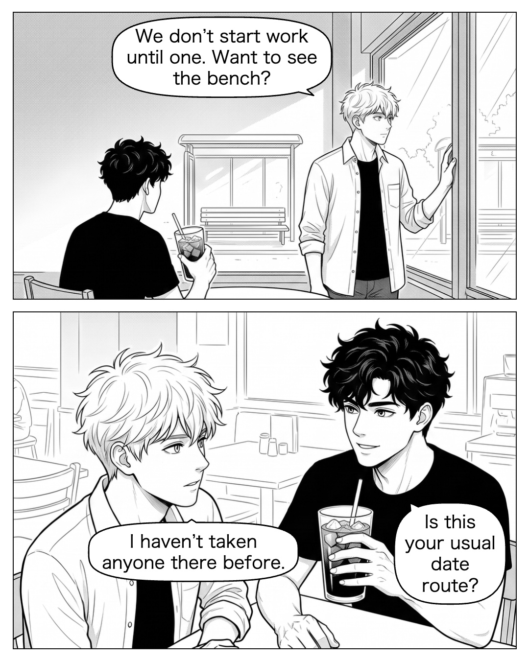 Ritsu looks through the café window toward the bus stop. Ren looks toward the bus stop, then back at Ritsu. He asks lightly but waits for the answer. Ritsu: We don’t start work until one. Want to see the bench? Ren: Is this your usual date route? Ritsu: I haven’t taken anyone there before.
