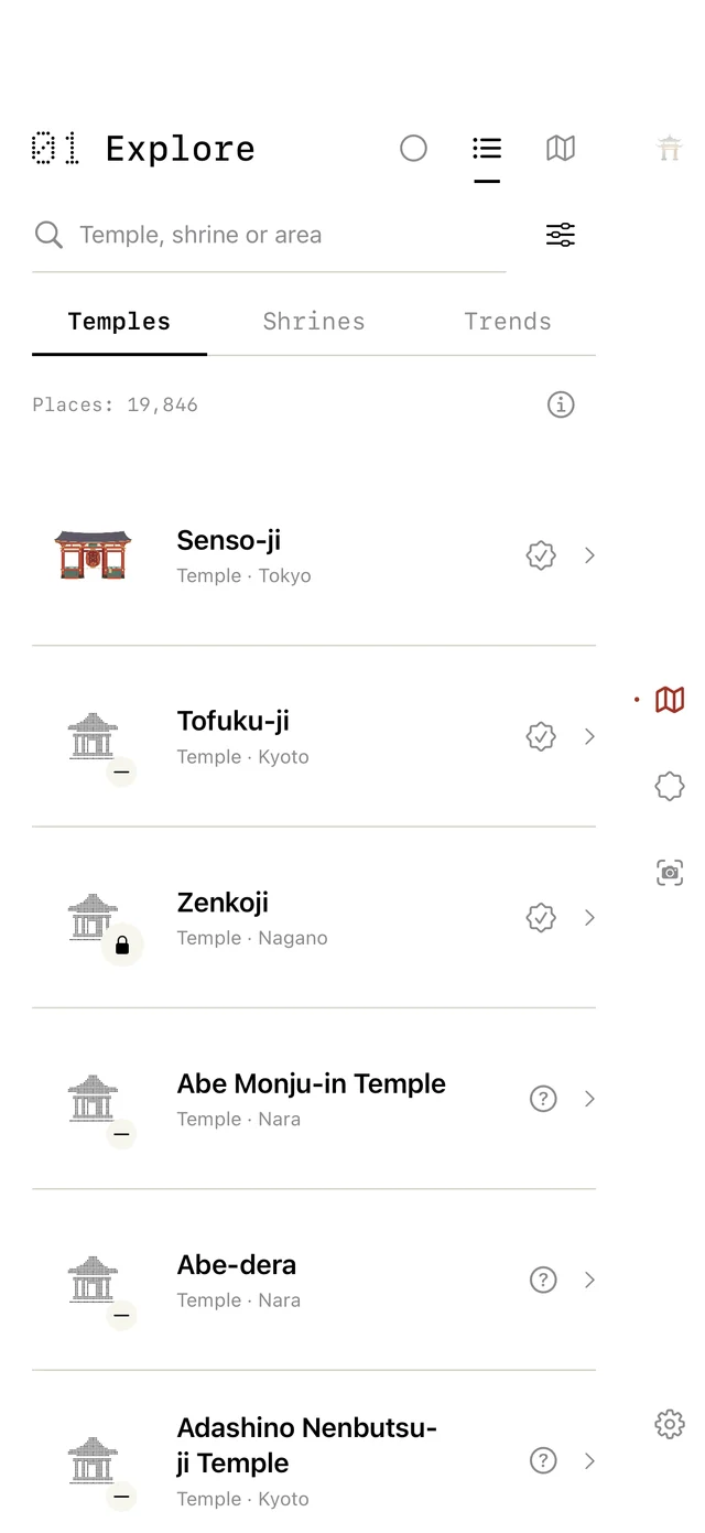 GoShuin temple and shrine discovery screen