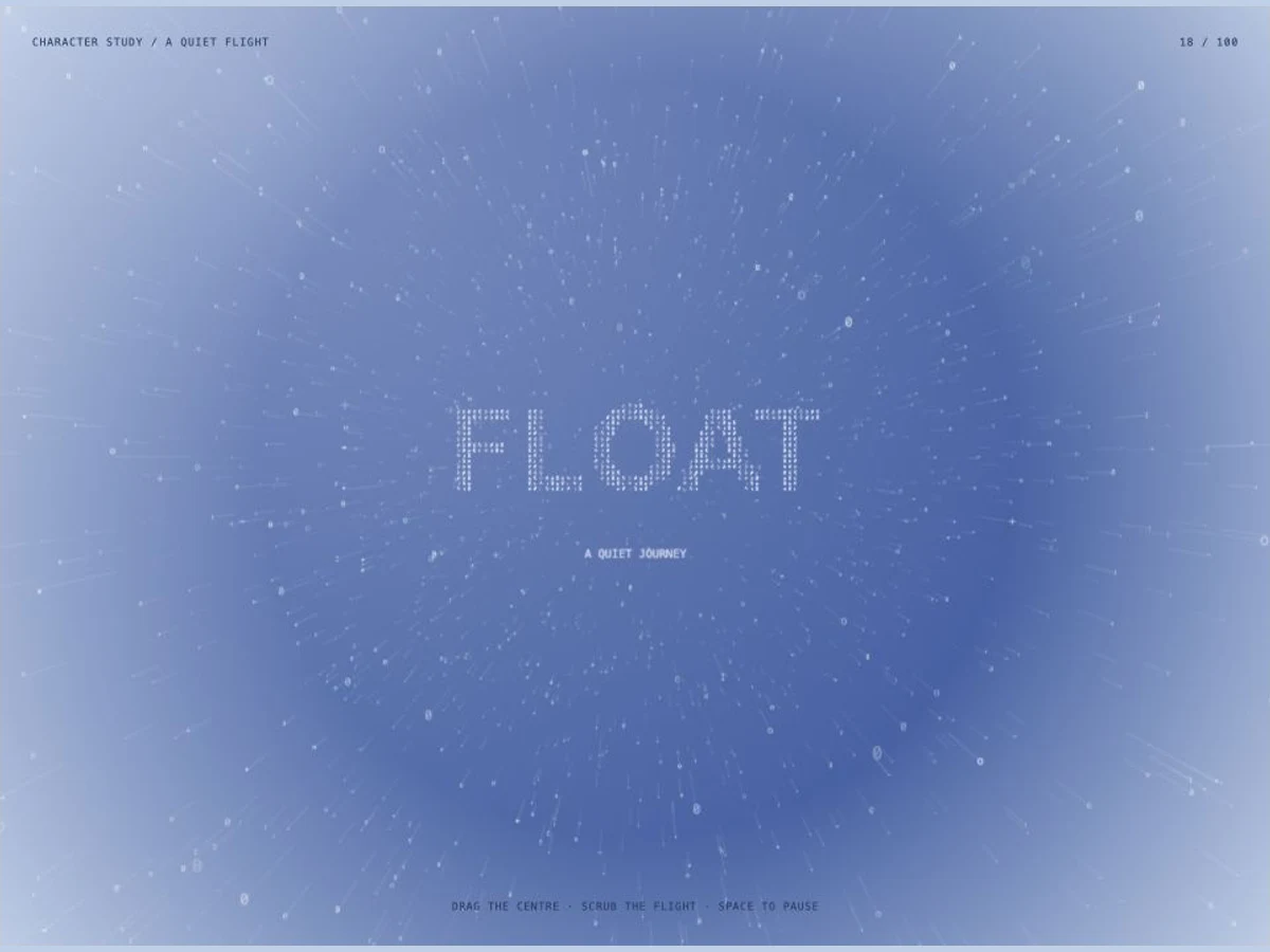 A soft periwinkle character field with fine perspective trails and FLOAT built from tiny marks