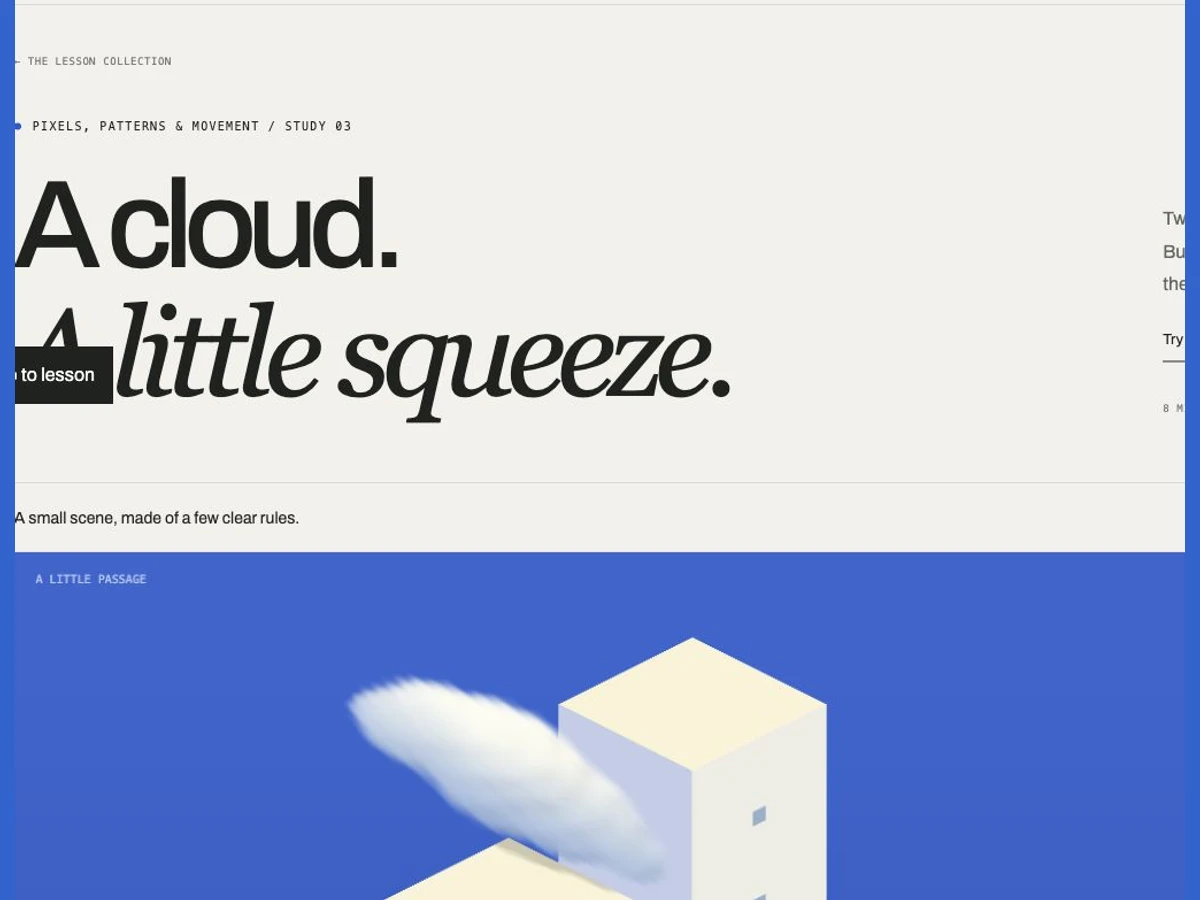 A soft white cloud passing between two cream isometric towers against a blue sky
