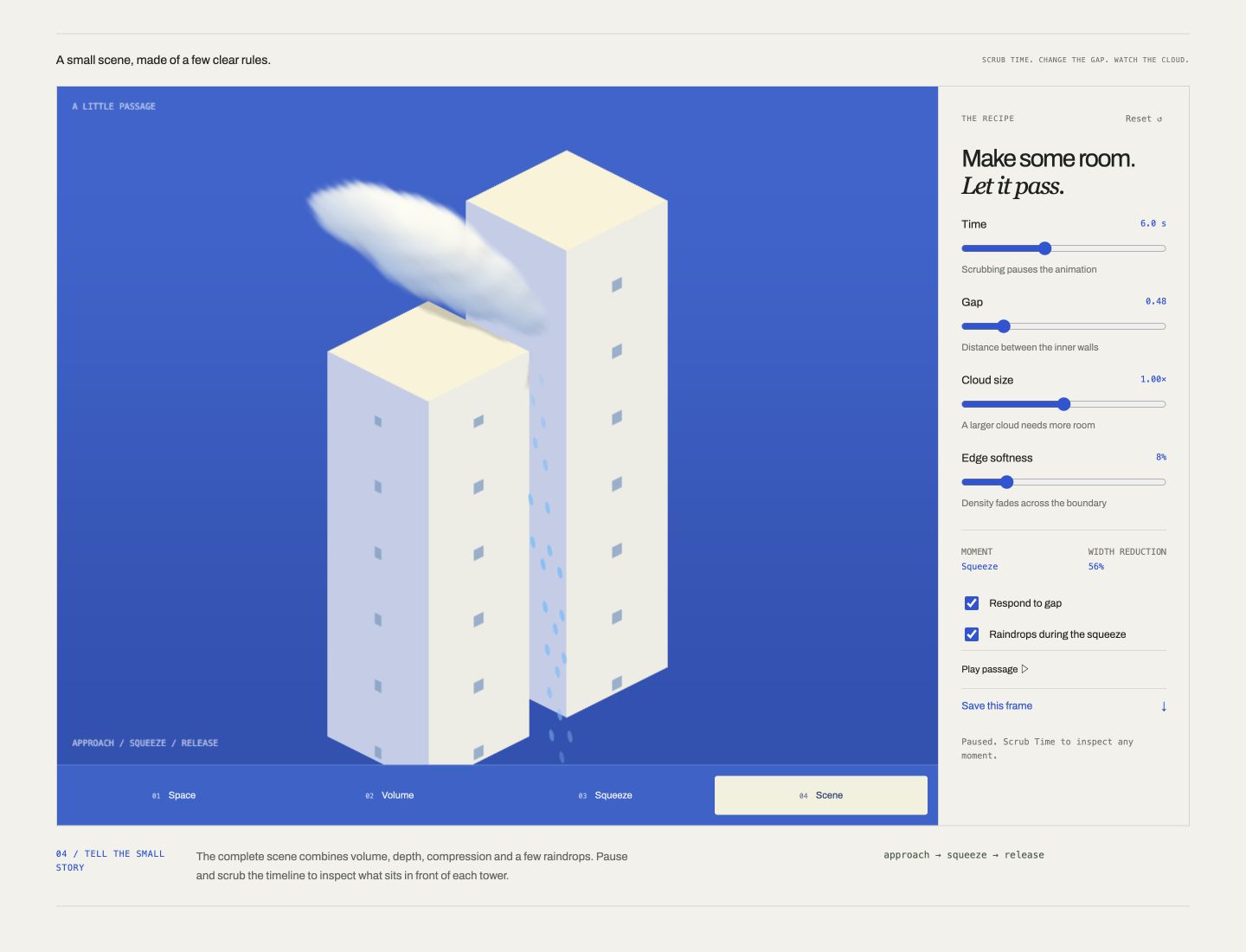 A soft white cloud passing between two cream isometric towers against a blue sky