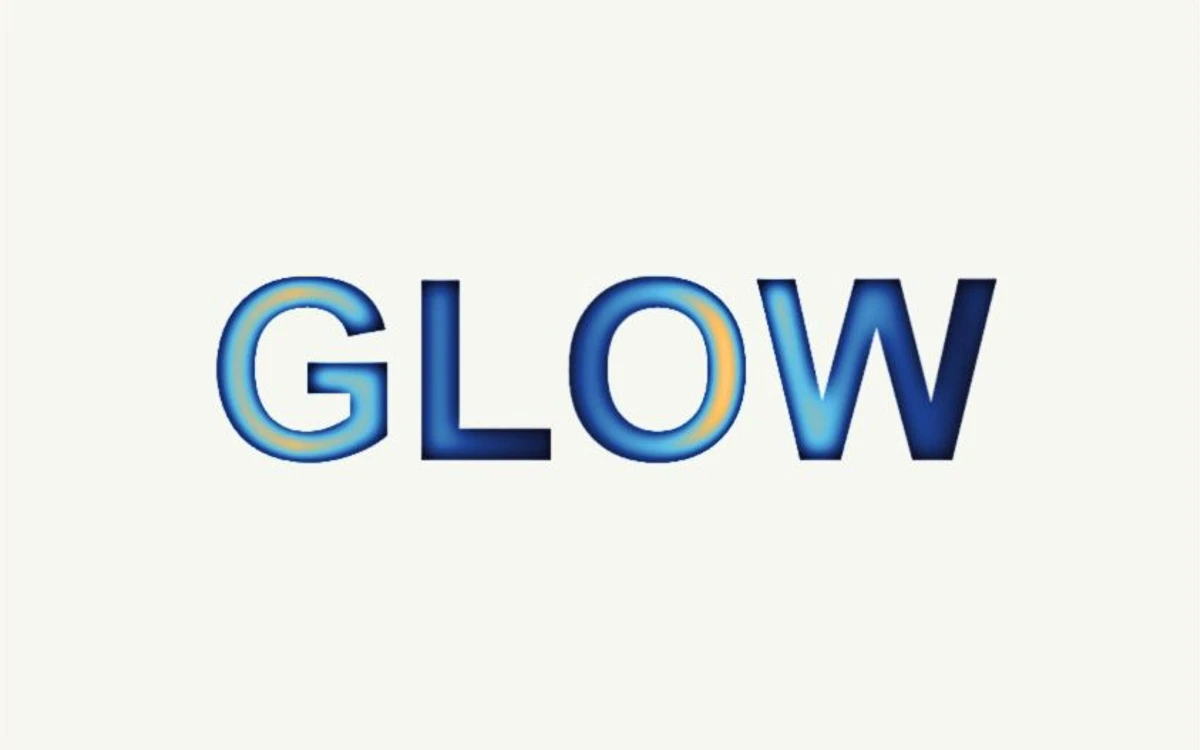 Metallic GLOW lettering with blue and gold reflections on cream