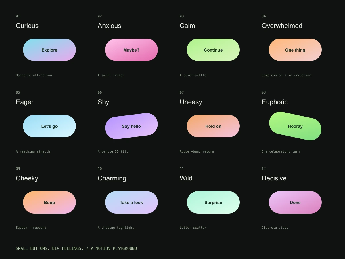 Twelve pastel buttons with different personalities on a dark background
